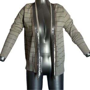LOFT Acrylic Wool Mohair Cardigan Sequin Ivory Silver Stripe Thin Knit Women’s M